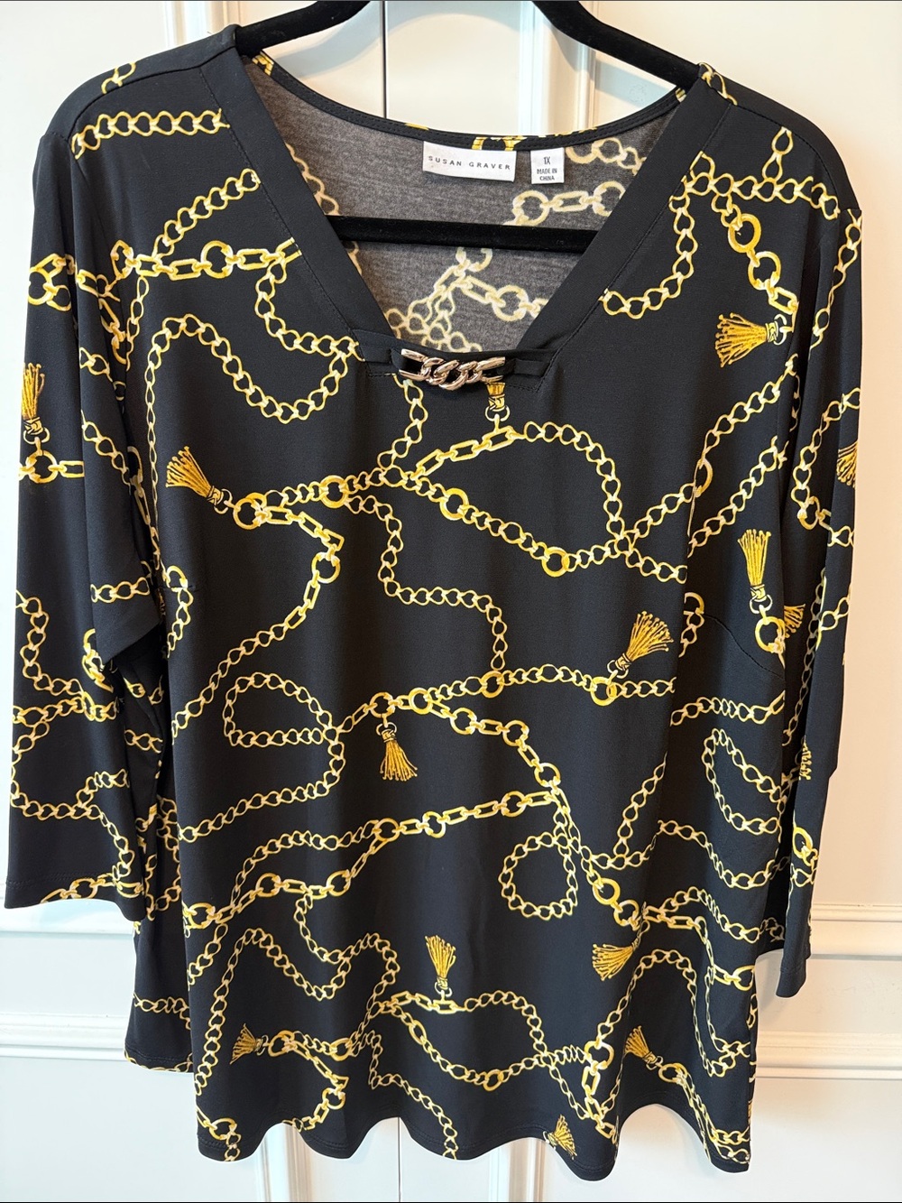 Susan Graver Black Long-Sleeve V-Neck Top with Gold Chain Print
